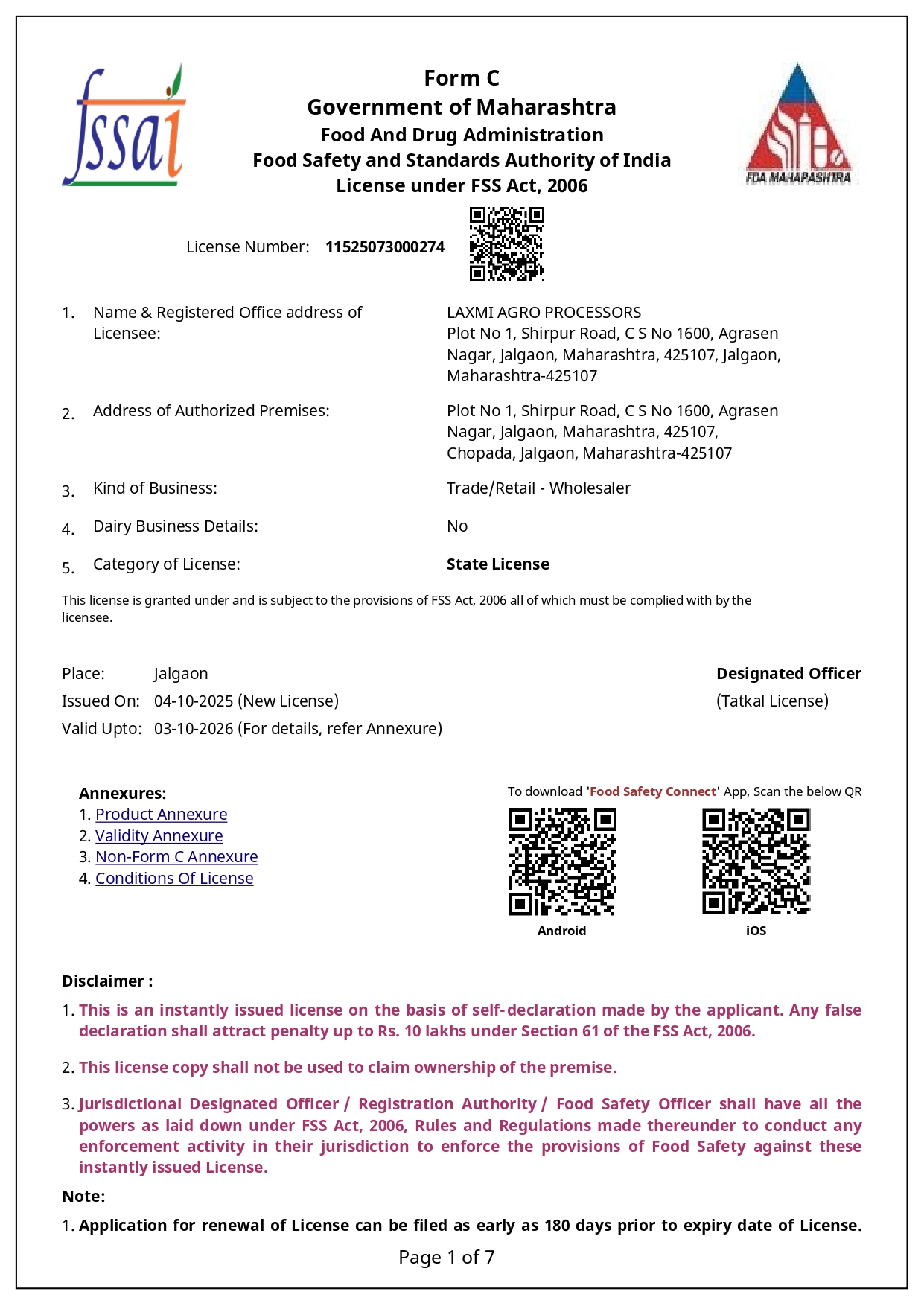 FSSAI Food Safety and Standards Authority Licence — Laxmi Agro Processors